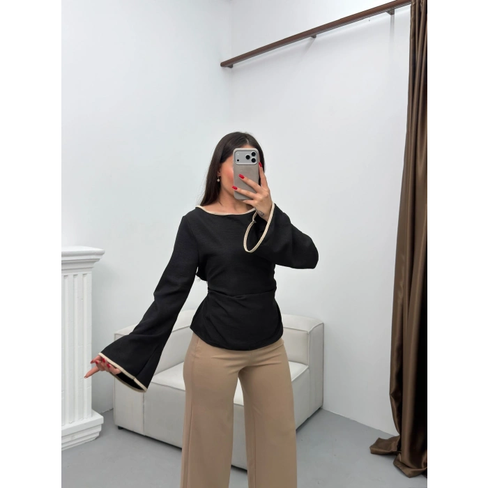 İspanyol Kol Biyeli Bluz - SİYAH