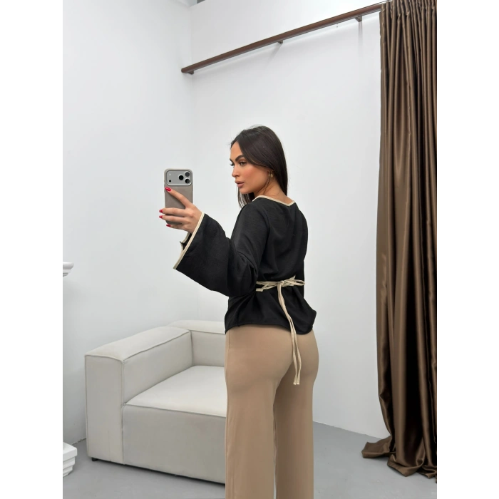 İspanyol Kol Biyeli Bluz - SİYAH