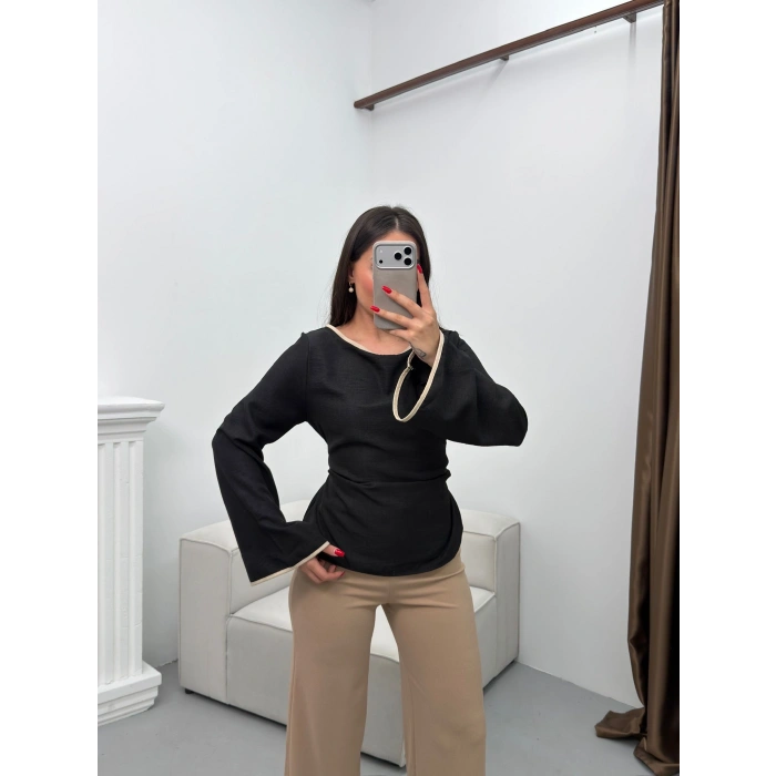 İspanyol Kol Biyeli Bluz - SİYAH