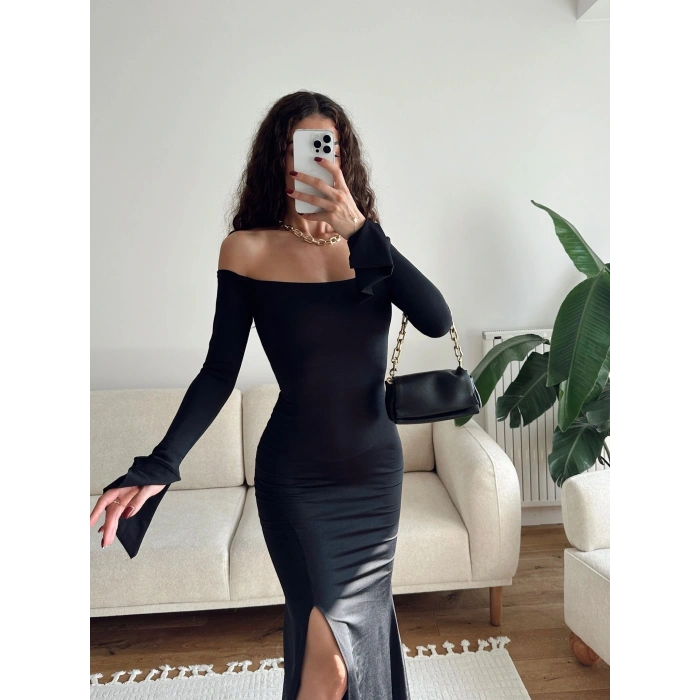 İspanyol Kol Yırtmaçlı Elbise - SİYAH