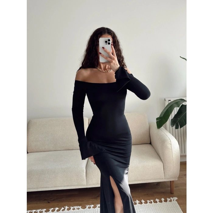 İspanyol Kol Yırtmaçlı Elbise - SİYAH