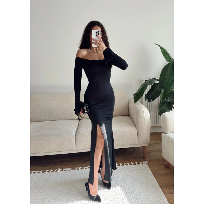 İspanyol Kol Yırtmaçlı Elbise - SİYAH