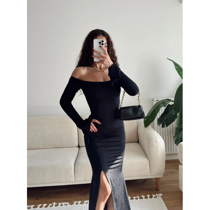 İspanyol Kol Yırtmaçlı Elbise - SİYAH