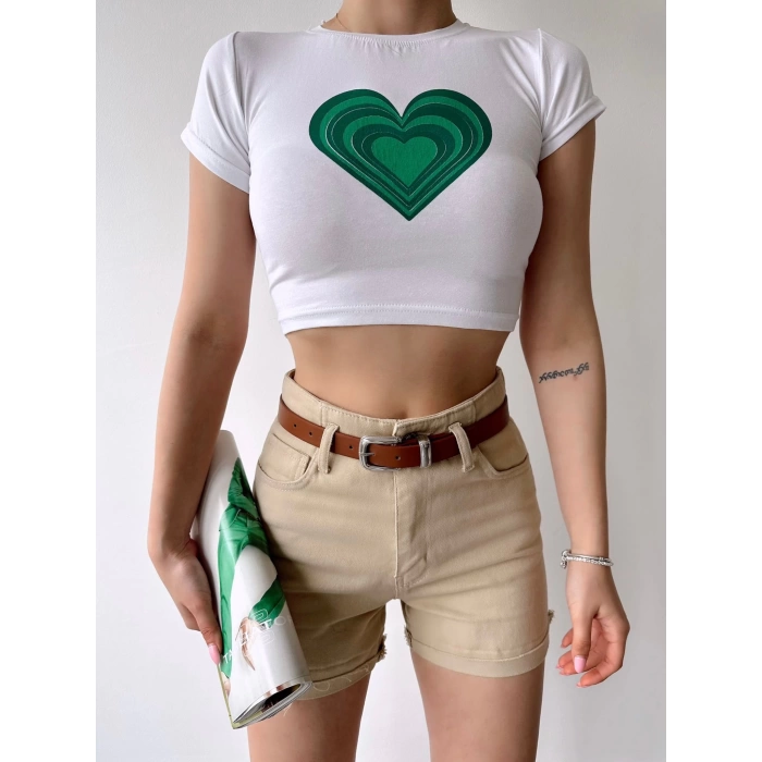 Kalp Baskılı Crop T-shirt
