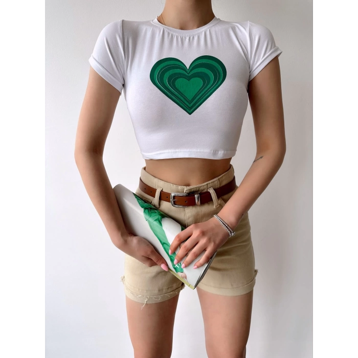 Kalp Baskılı Crop T-shirt