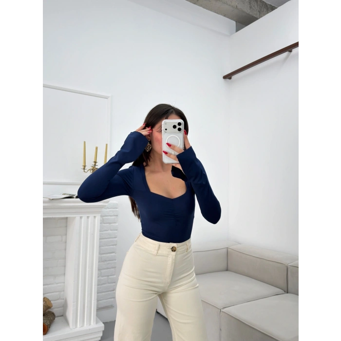 Kalp Yaka Kol İspanyol Crop - LACİVERT