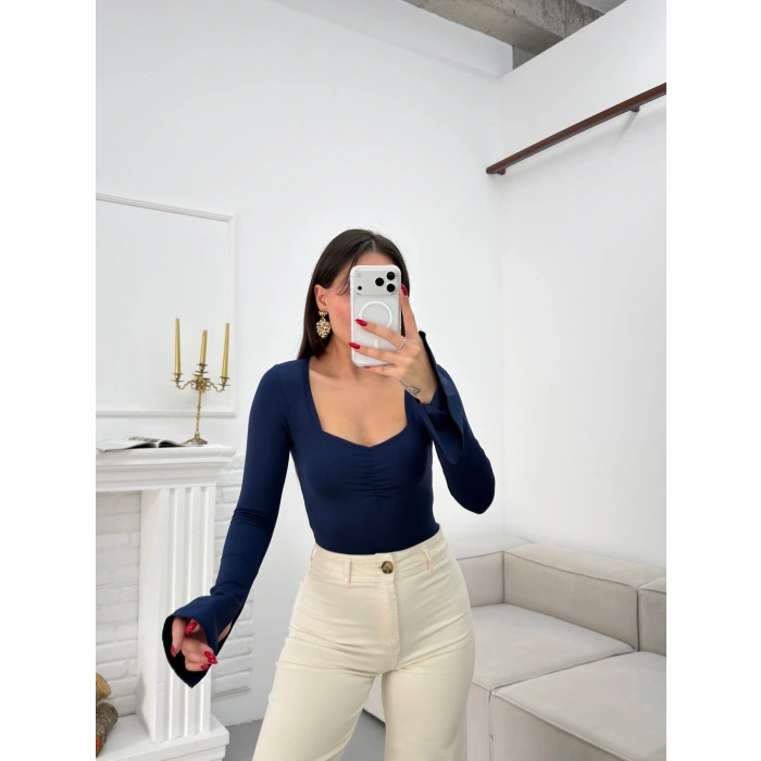 Kalp Yaka Kol İspanyol Crop - LACİVERT