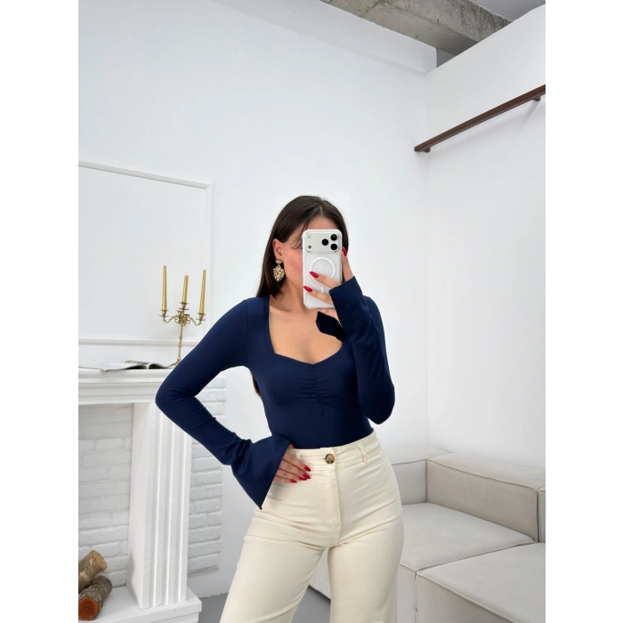 Kalp Yaka Kol İspanyol Crop - LACİVERT