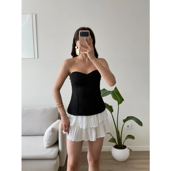 Kalp Yaka Straplez Bluz - SİYAH