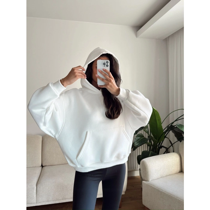 Kanguru Cep Oversize Sweat - BEYAZ