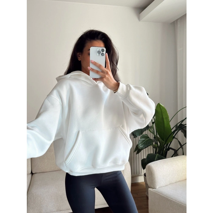 Kanguru Cep Oversize Sweat - BEYAZ
