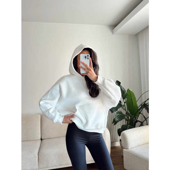 Kanguru Cep Oversize Sweat - BEYAZ