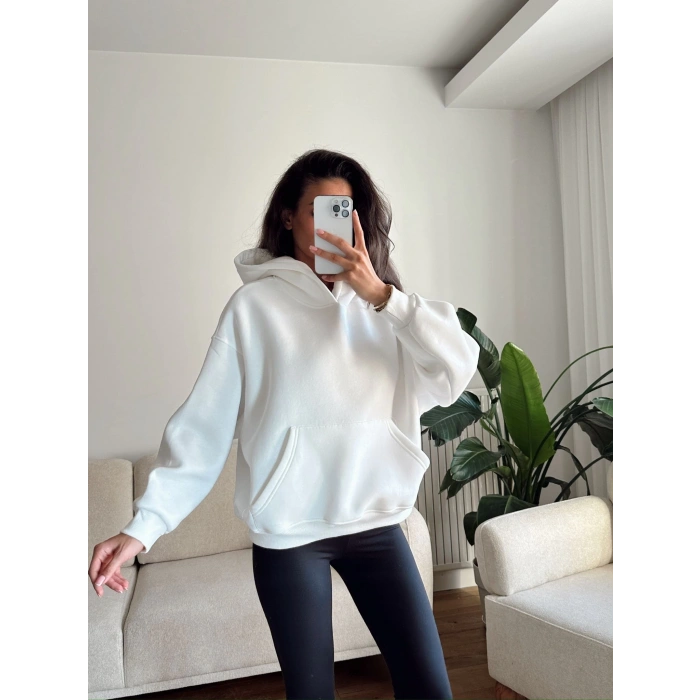 Kanguru Cep Oversize Sweat - BEYAZ