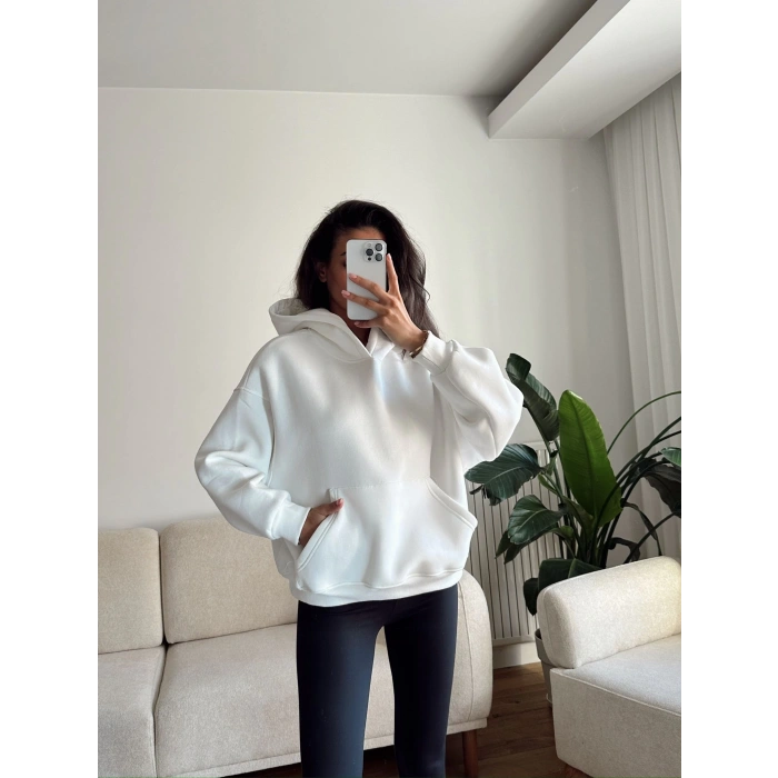 Kanguru Cep Oversize Sweat - BEYAZ