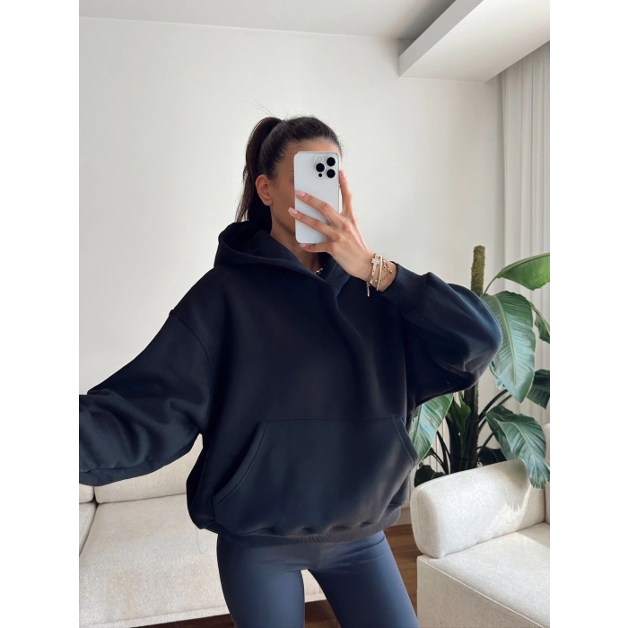 Kanguru Cep Oversize Sweat - SİYAH