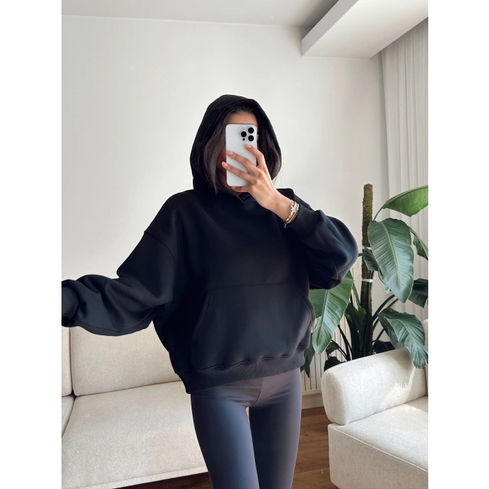Kanguru Cep Oversize Sweat - SİYAH