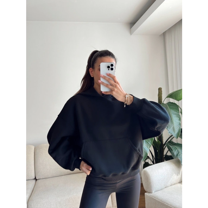 Kanguru Cep Oversize Sweat - SİYAH