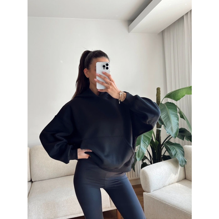 Kanguru Cep Oversize Sweat - SİYAH