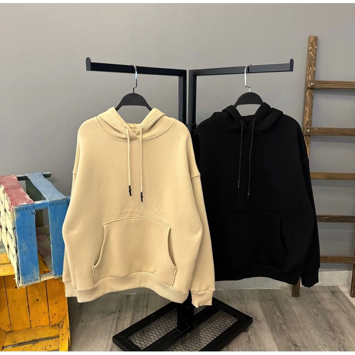 Kanguru Cep Unisex Oversize Kapüşonlu Sweat-BEJ