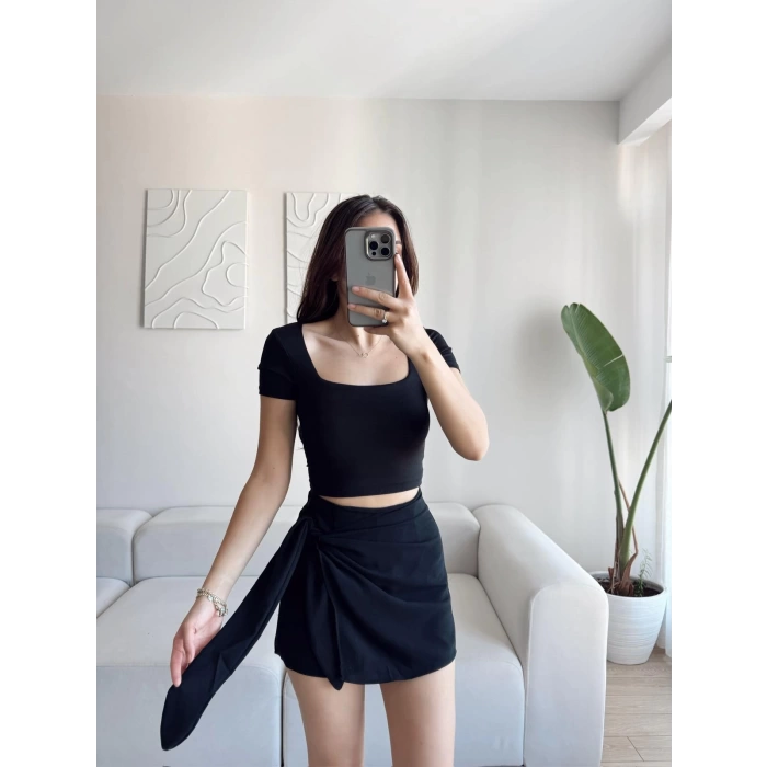 Bağlamalı Drapeli Şort Etek