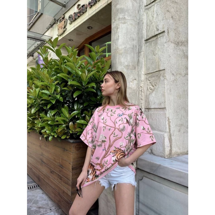 Kaplan Baskılı Oversize T-shirt - PEMBE