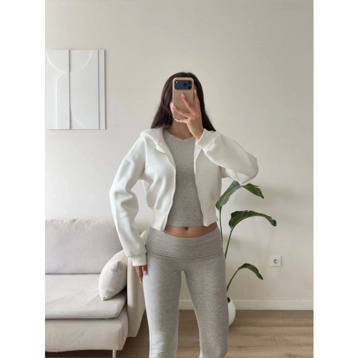 Kapüşonlu Crop Hırka - BEYAZ