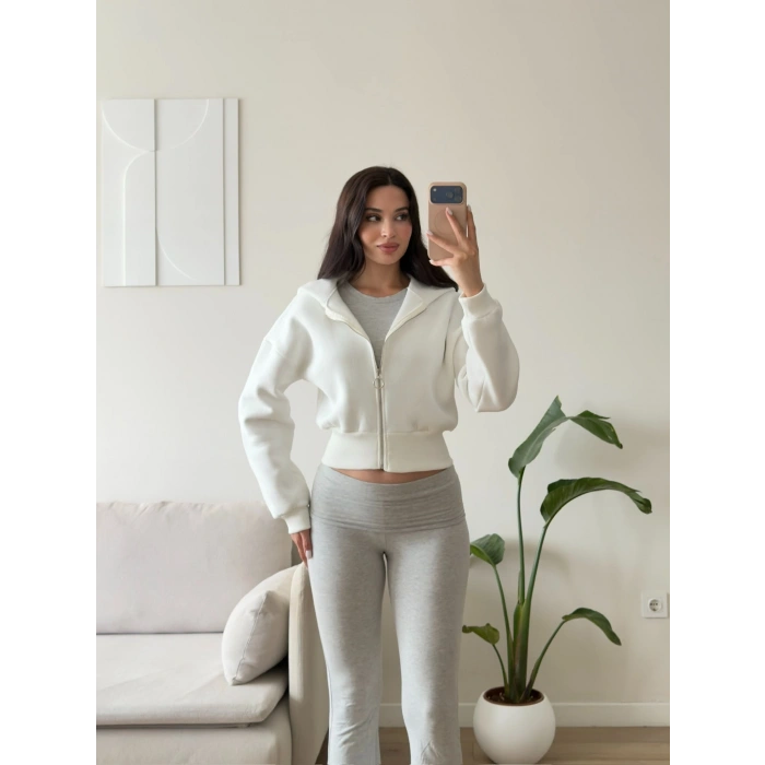 Kapüşonlu Crop Hırka - BEYAZ