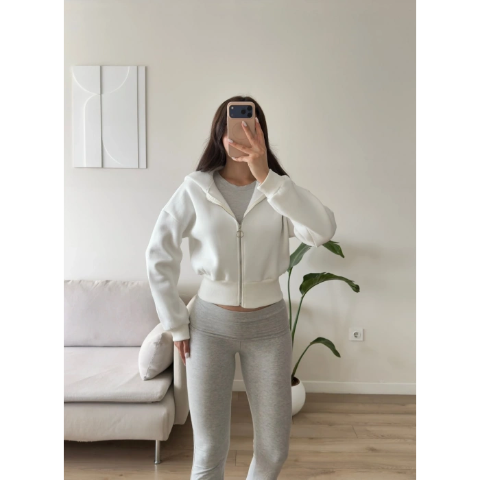 Kapüşonlu Crop Hırka - BEYAZ