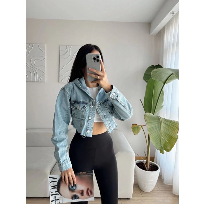 Kapüşonlu Crop Denim Ceket