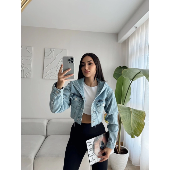 Kapüşonlu Crop Denim Ceket