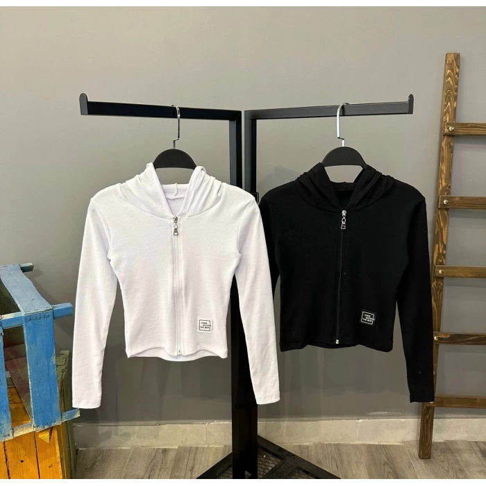 Kapüşonlu Crop Hırka Bluz-BEYAZ