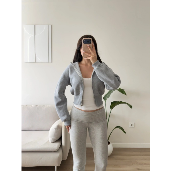 Kapüşonlu Crop Hırka - GRİ