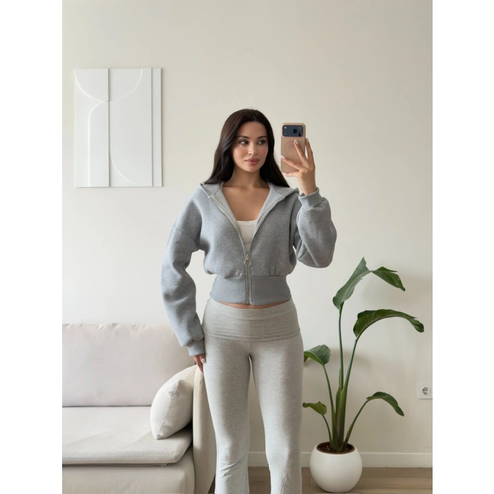 Kapüşonlu Crop Hırka - GRİ