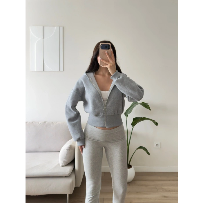 Kapüşonlu Crop Hırka - GRİ