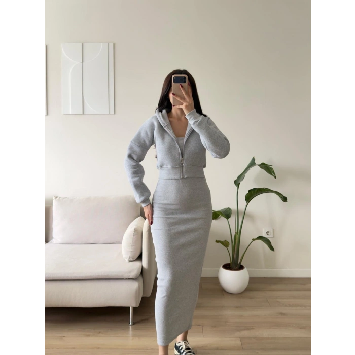 Kapüşonlu Crop Hırkalı Elbise - GRİ
