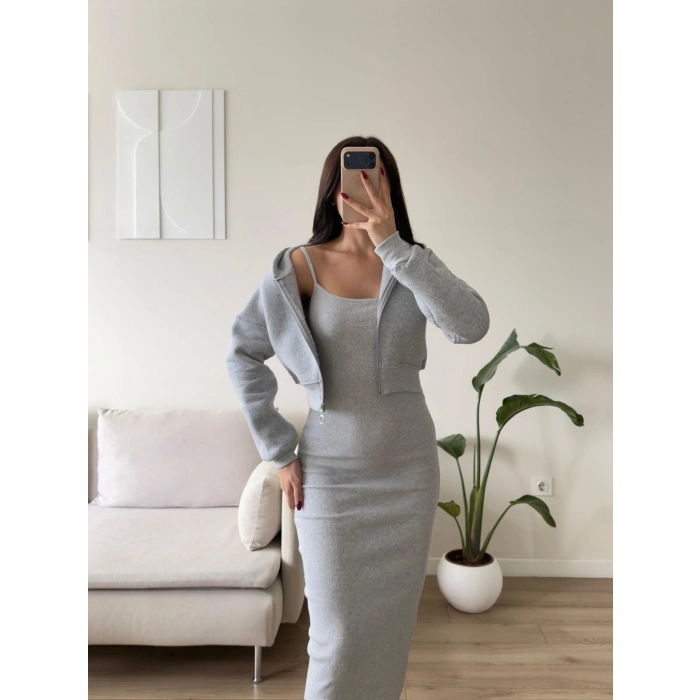 Kapüşonlu Crop Hırkalı Elbise - GRİ