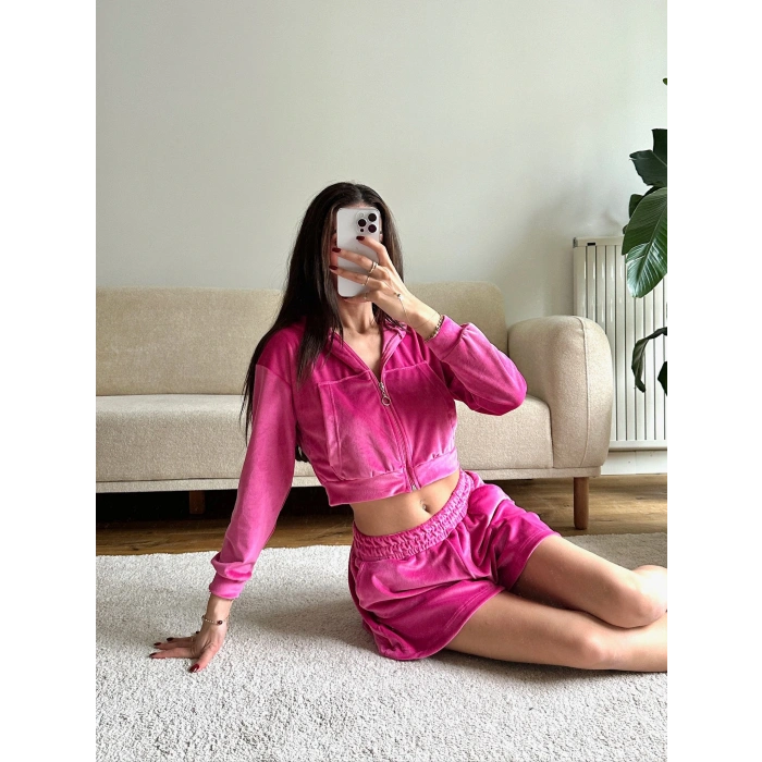 Kapüşonlu Crop & Şortlu Kadife Takım - FUŞYA