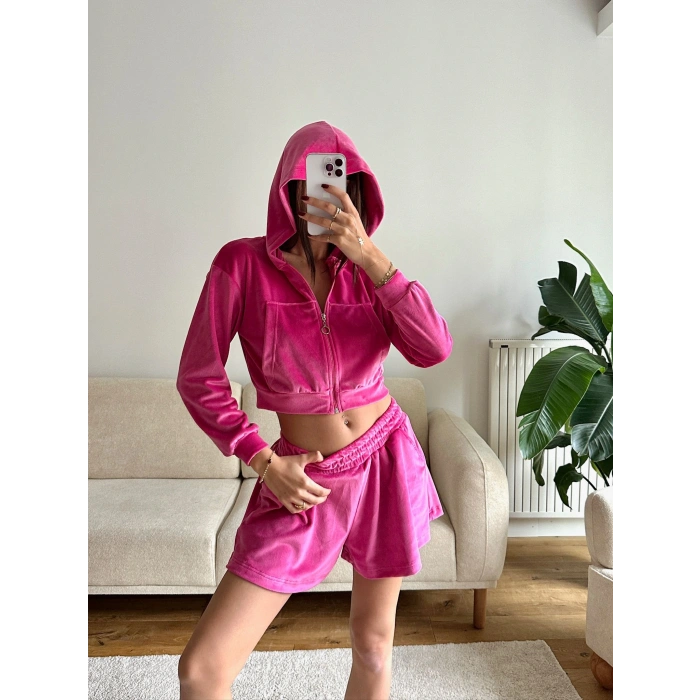 Kapüşonlu Crop & Şortlu Kadife Takım - FUŞYA