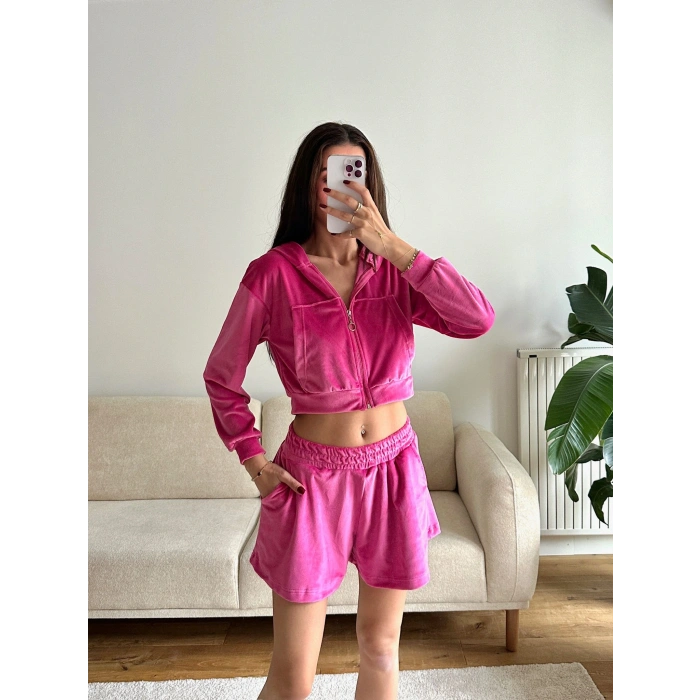 Kapüşonlu Crop & Şortlu Kadife Takım - FUŞYA