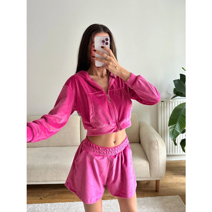 Kapüşonlu Crop & Şortlu Kadife Takım - FUŞYA