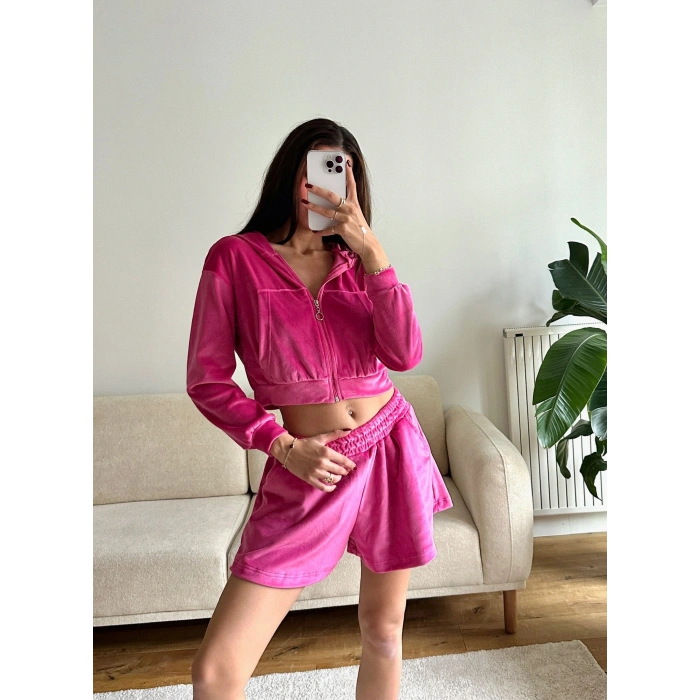 Kapüşonlu Crop & Şortlu Kadife Takım - FUŞYA