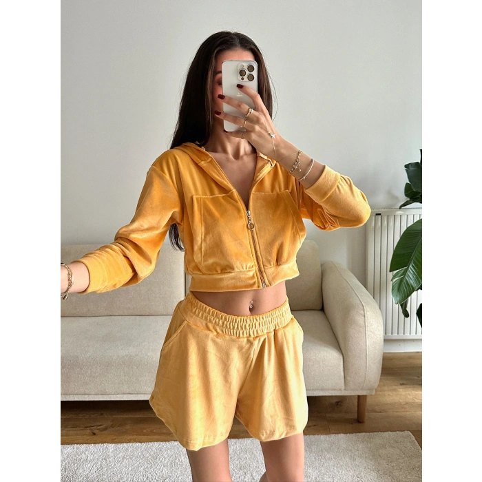 Kapüşonlu Crop & Şortlu Kadife Takım - SARI