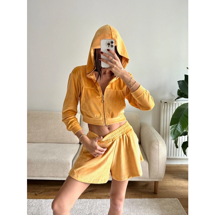 Kapüşonlu Crop & Şortlu Kadife Takım - SARI