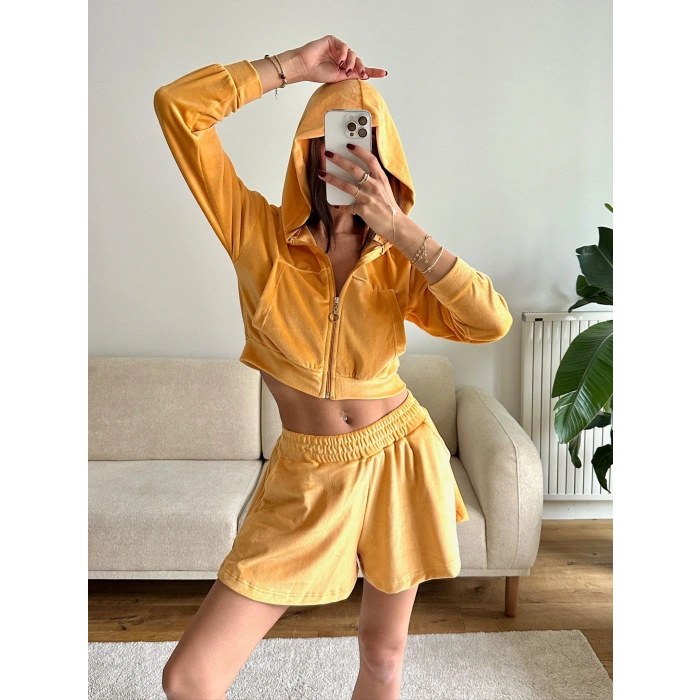 Kapüşonlu Crop & Şortlu Kadife Takım - SARI