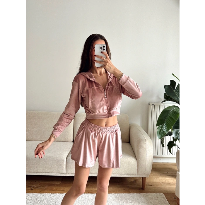 Kapüşonlu Crop & Şortlu Kadife Takım - PEMBE