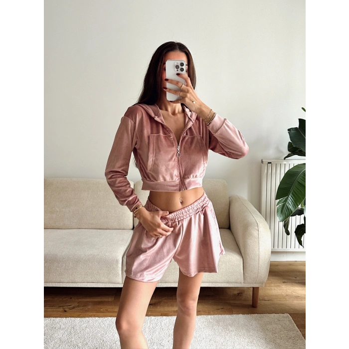Kapüşonlu Crop & Şortlu Kadife Takım - PEMBE