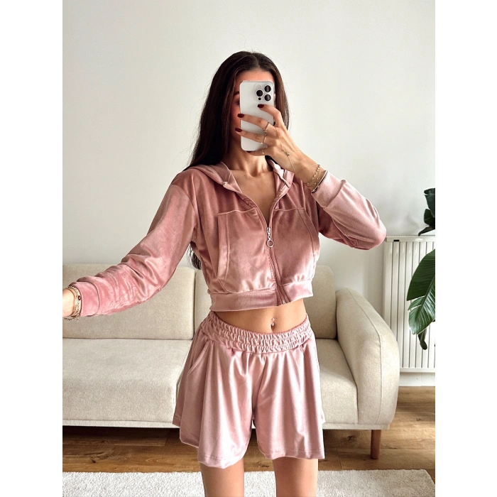 Kapüşonlu Crop & Şortlu Kadife Takım - PEMBE