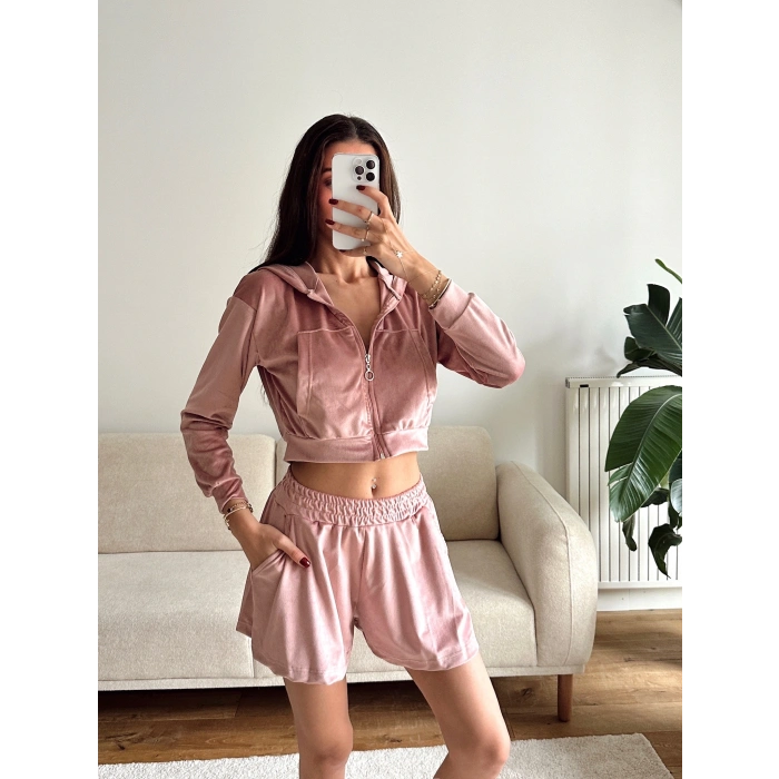 Kapüşonlu Crop & Şortlu Kadife Takım - PEMBE
