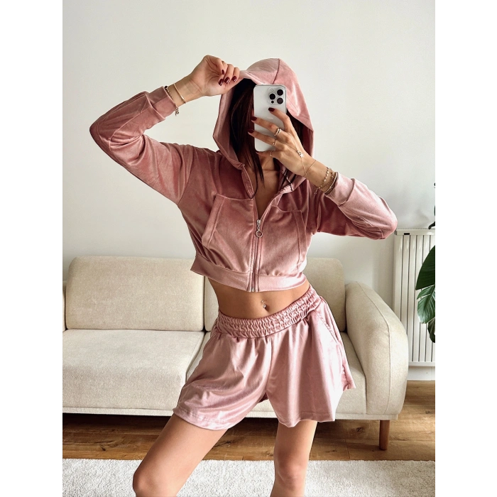 Kapüşonlu Crop & Şortlu Kadife Takım - PEMBE