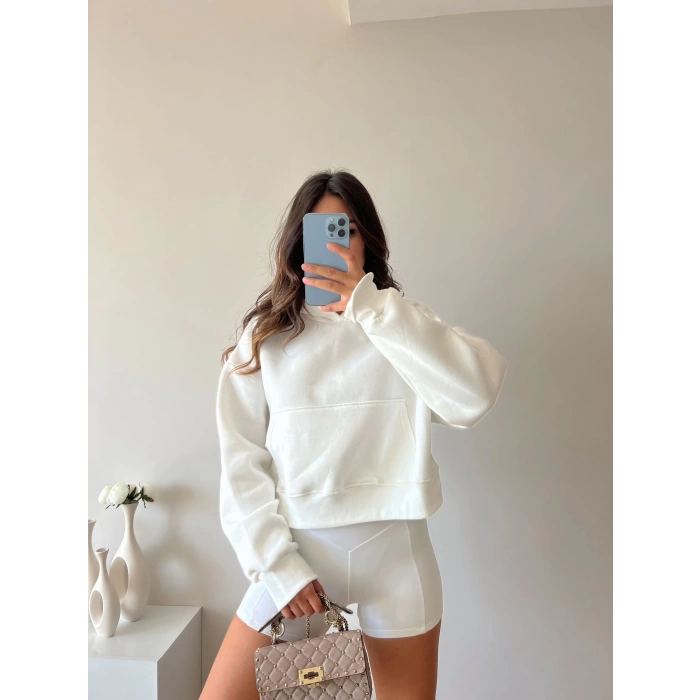 Kapüşonlu Crop Sweat - BEYAZ